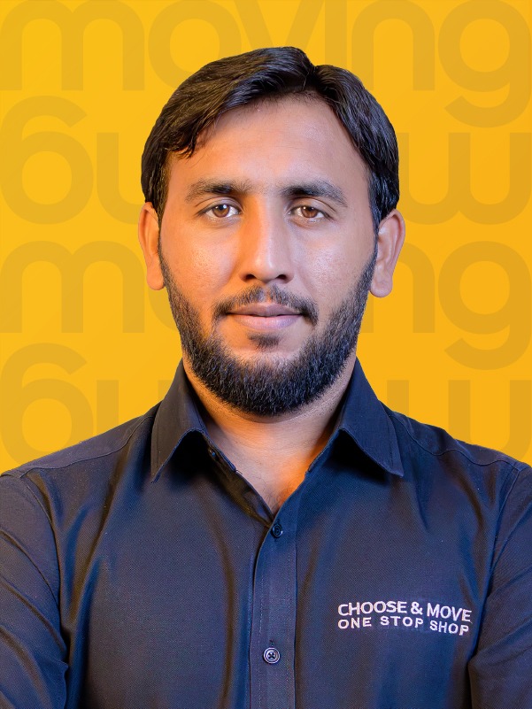 portrait of a man with dark hair and beard wearing a navy shirt, logo reads 'choose & move one stop shop', yellow patterned background.