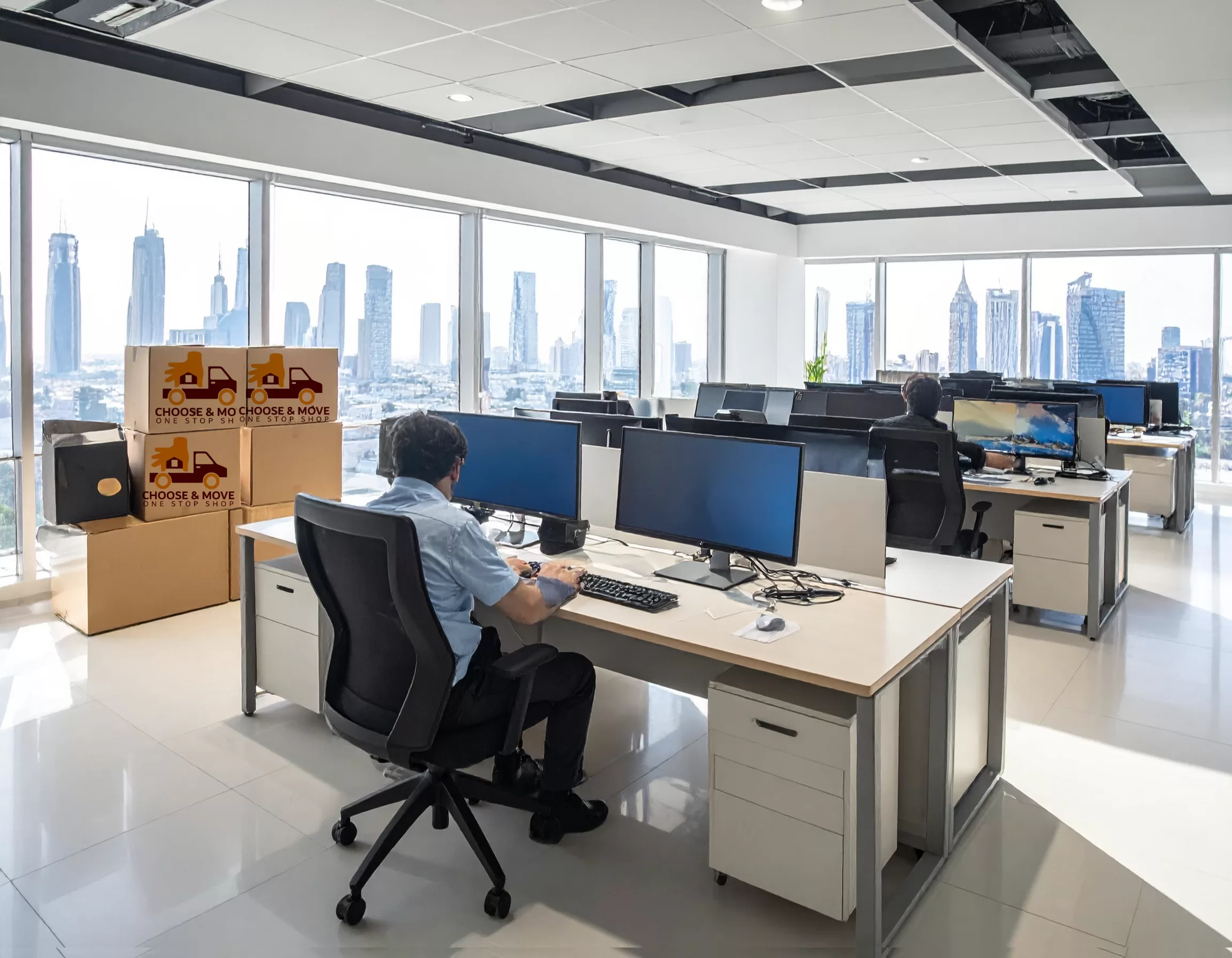 Office relocation | Choose and Move Cargo LLC office in dubai prepared for relocation with labelled choose & move boxes