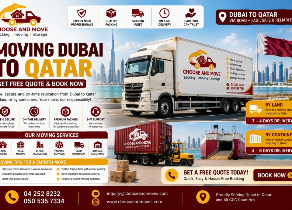 Moving Dubai to Qatar | Choose and Move promotional banner for a dubai-to-qatar moving service showing a white delivery truck and a red container truck with the dubai skyline; bold 'moving dubai to qatar' text and 'get free quote & book now' cta.