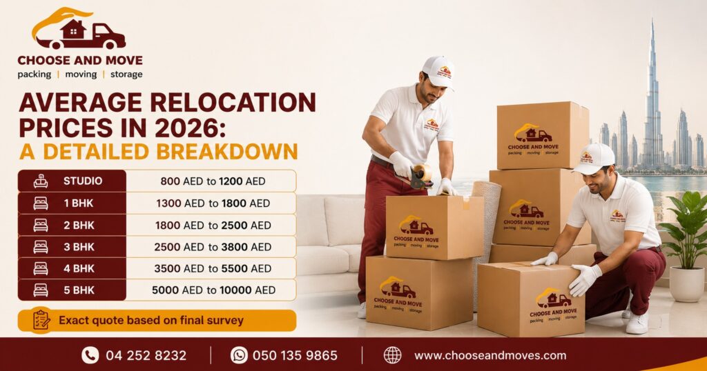 moving company ad with a price list on the left and two workers packing labeled boxes in a bright living room with a city skyline in the background.