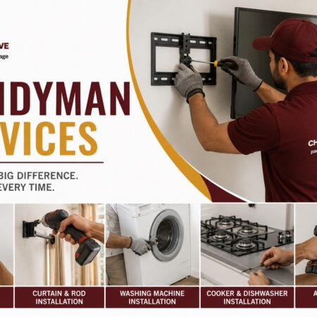 handyman services banner with a technician installing a wall-mounted tv; left side shows the logo and 'handyman services' text. bottom row lists five service tiles.