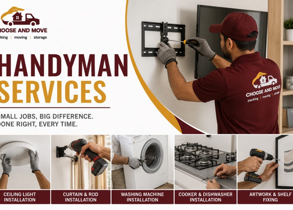 handyman services banner with a technician installing a wall-mounted tv; left side shows the logo and 'handyman services' text. bottom row lists five service tiles.