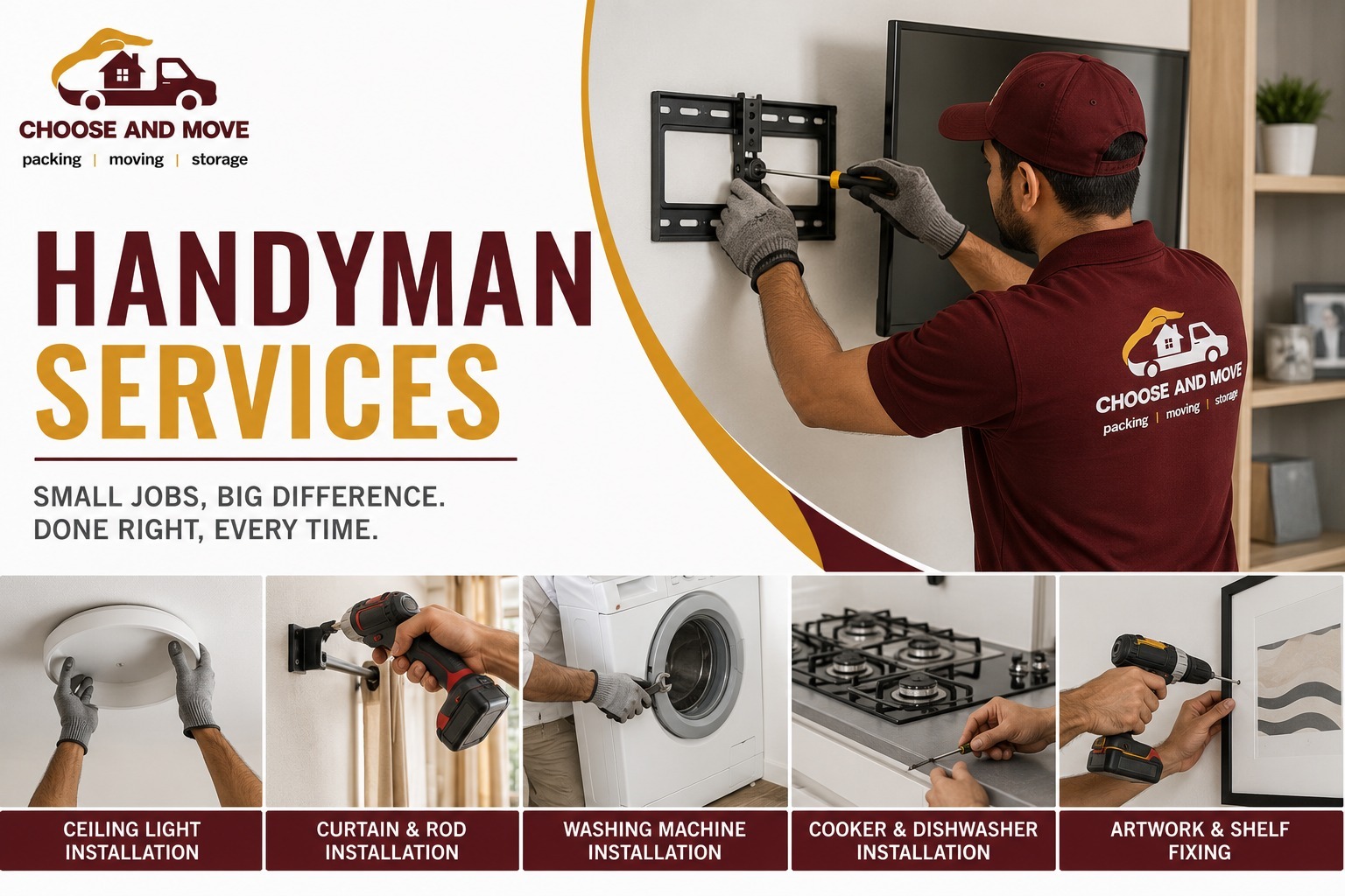 Handyman services | Choose and Move handyman services banner with a technician installing a wall-mounted tv; left side shows the logo and 'handyman services' text. bottom row lists five service tiles.