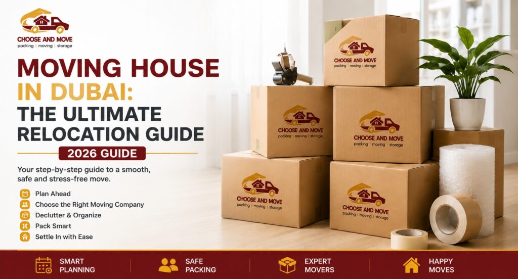 moving-house-in-dubai-without-stress-2 | Choose and Move banner promoting a dubai relocation guide by choose and move, with stacked branded boxes and a plant nearby.