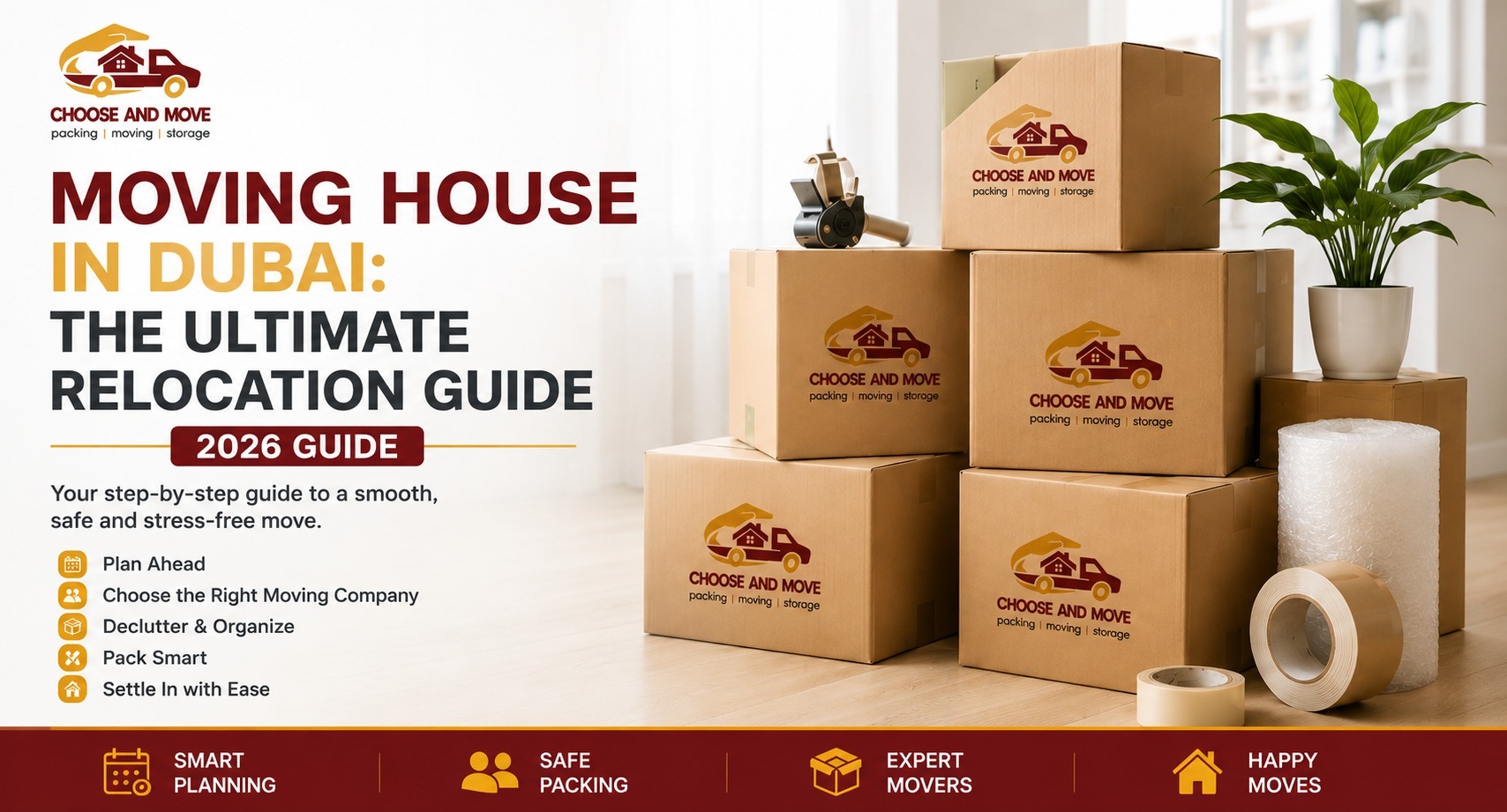 | Choose and Move Cargo LLC family of three stands with backs to camera, looking at the dubai skyline from a room with moving boxes; ad reads'Moving House in Dubai Without Stress' with 'We Move You Care' logo.