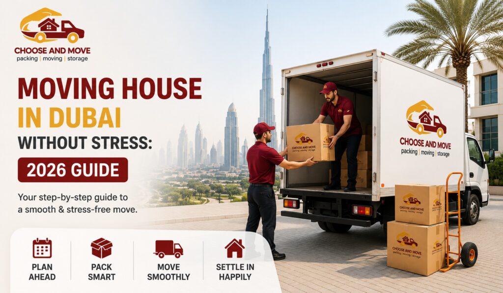 moving-house-in-dubai-without-stress-3 | Choose and Move promotional banner for a moving company showing a truck unloading boxes with desert city skyline in the background and bold text about a dubai moving guide (2026).