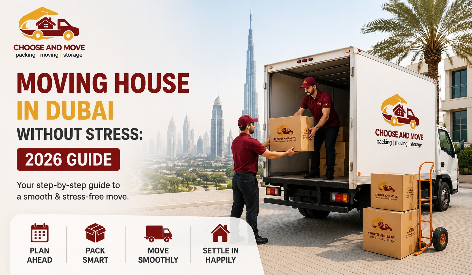 two movers unload packed boxes from a white moving truck branded with 'choose and move' against a dubai skyline with palm trees in the background