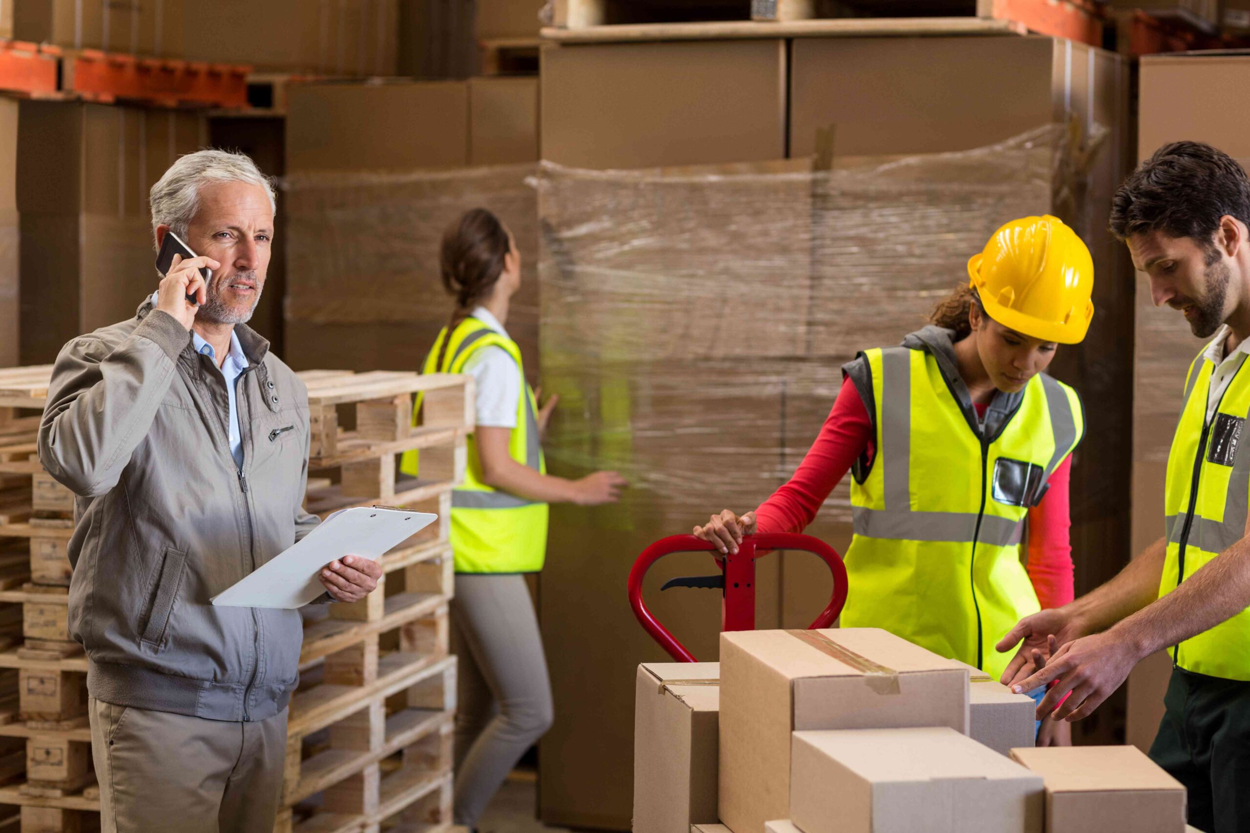 manager on a phone with a clipboard in a warehouse filled with stacked boxes and workers in safety vests on the right.