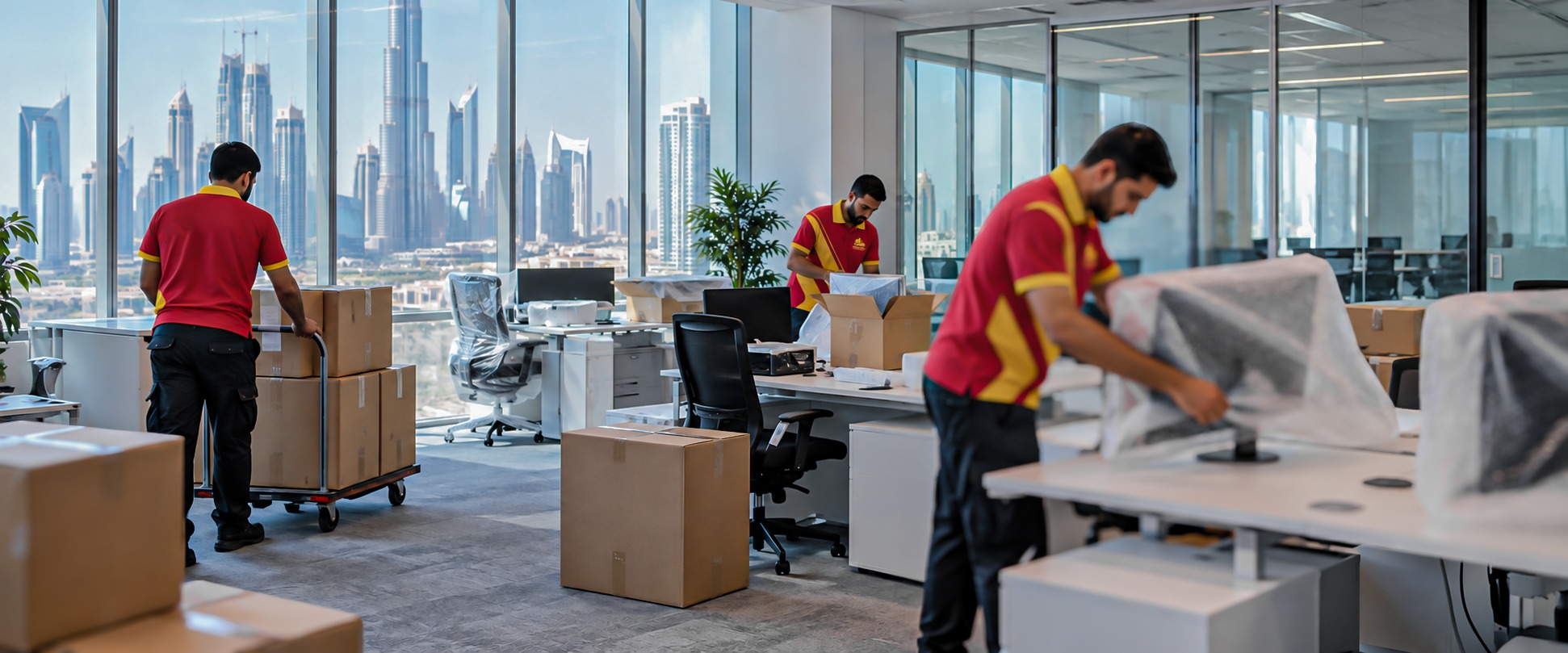 office workers in red and yellow uniforms unpack boxes in a glass-walled office with a city skyline outside the windows.
