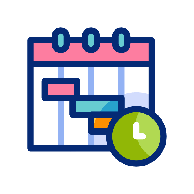 calendar with colored task bars and a green clock badge indicating scheduling or due dates.