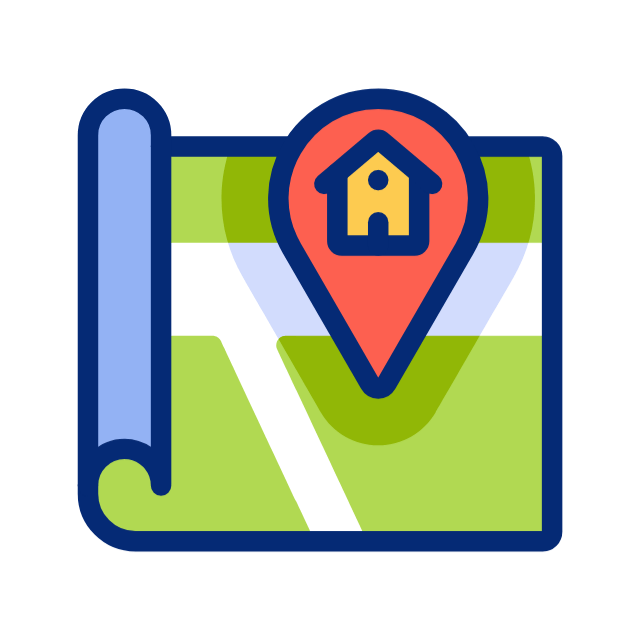 map with a red location pin marking a house on a green map surface